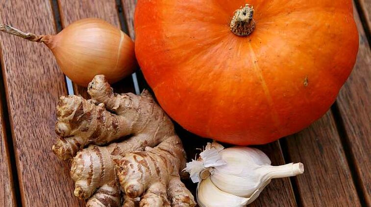 Kürbis, Zwiebeln, Ingwer und Knoblauch sind wirksame anthelmintische Lebensmittel